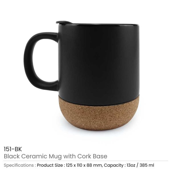 Black Mugs with Lid and Cork Base