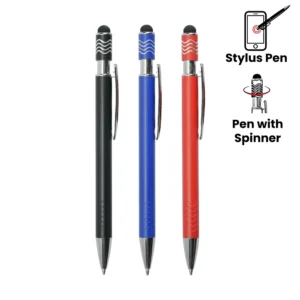 Stylus Metal Pens with Wave Design Top Spinner – Push Button (Blue Ink) - Image 1