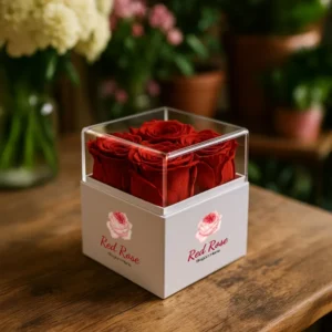 Flower Gift Box White & Clear Acrylic Lid with 4Pcs Forever Red Roses - Image 2