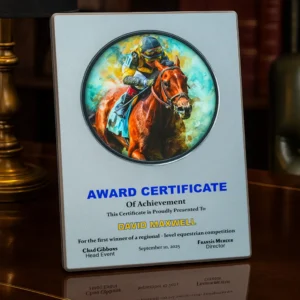 A4 Aluminum Award Plaques with Round Colored Plate and Stand - Image 2
