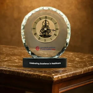 Round Crystal Clock Awards with Oval Glass Base in Box - Image 2