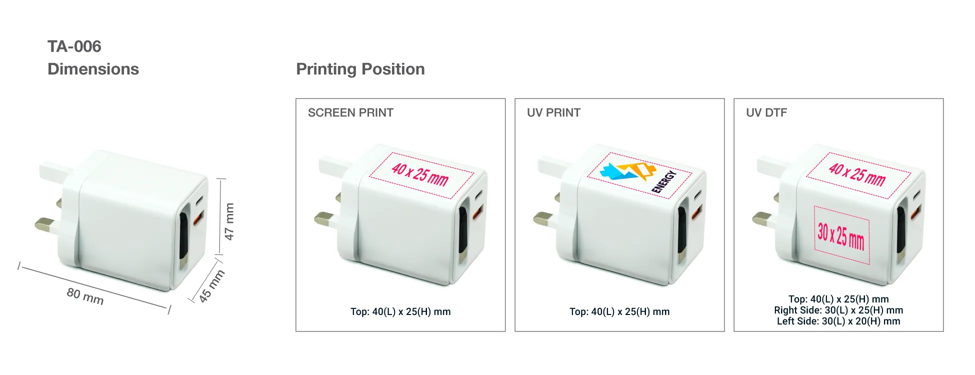 80W GaN Charger Adaptor Printing Area Details