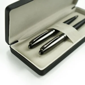Black Metal Pen Set with Matte & Glossy Finish in PU Leather Box - Image 3
