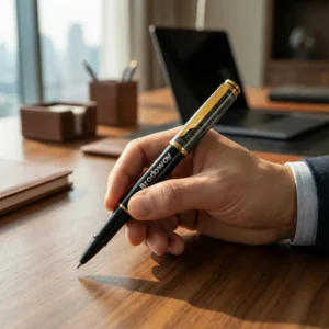 Arabic Traditional Bisht Design Metal Pens, Glossy Black with Gold Outline - Image 2