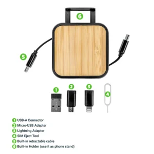 Retractable Charging Cable Set with Bamboo Top – 60W Fast Charging - Image 3