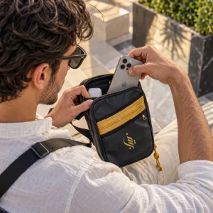 Crossbody Bag in PU Leather with Arabic Traditional Gold Bisht Design - Image 2